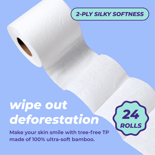Roll of bamboo toilet paper promoting deforestation awareness on blue background. Test reads: wipe out deforestation. Make your skin smile with tree-free TP made of 100% ultra-soft bamboo. 24 rolls, 2-ply silky softness.