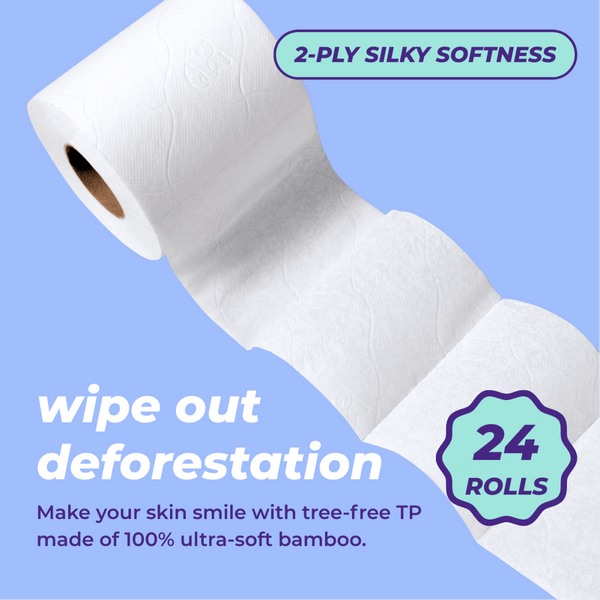 Roll of bamboo toilet paper promoting deforestation awareness on blue background. Test reads: wipe out deforestation. Make your skin smile with tree-free TP made of 100% ultra-soft bamboo. 24 rolls, 2-ply silky softness.