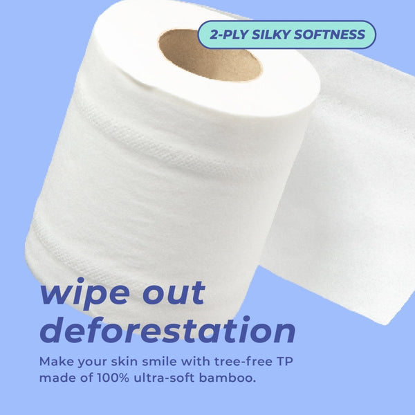 Bamboo toilet paper roll unfurling on blue background. Text over roll reads: 2-ply Silky Softness - wipe out deforestation - Make your skin smile with tree-free TP made of 100% ultra-soft bamboo.