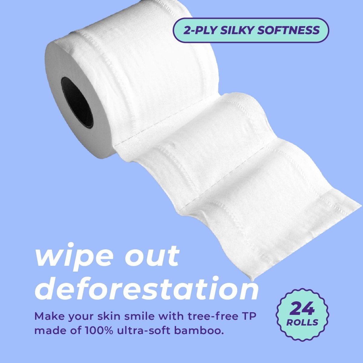 Bamboo toilet paper roll with text promoting eco-friendly features and 24 rolls pack.