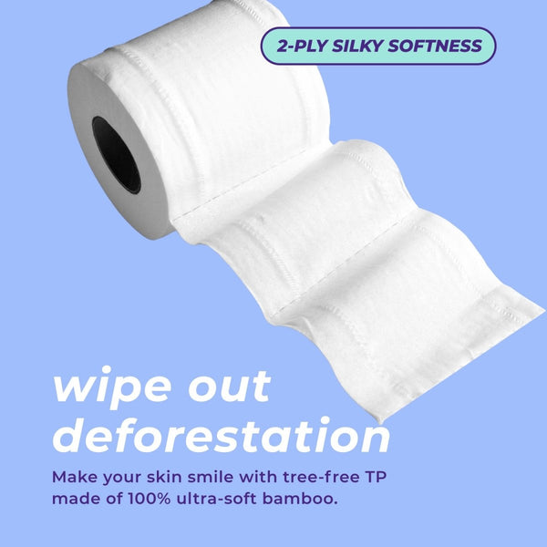 Roll of bamboo toilet paper promoting deforestation awareness on blue background.