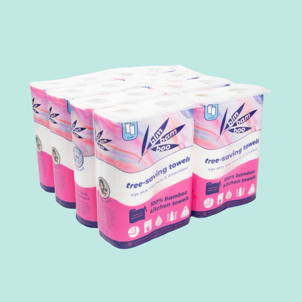 Pack of Bamboo paper towels with pink and white packaging