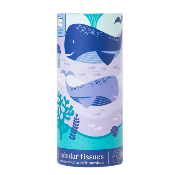 Tubular tissue packaging with whale illustration.