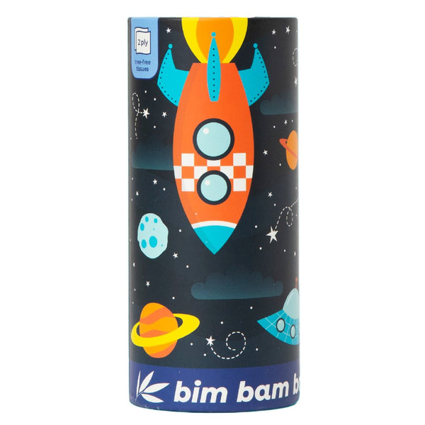 Colorful space-themed packaging with rocket and planets