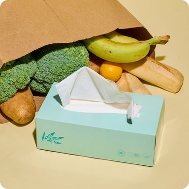 Facial tissue box sitting on table in front of a bag of groceries