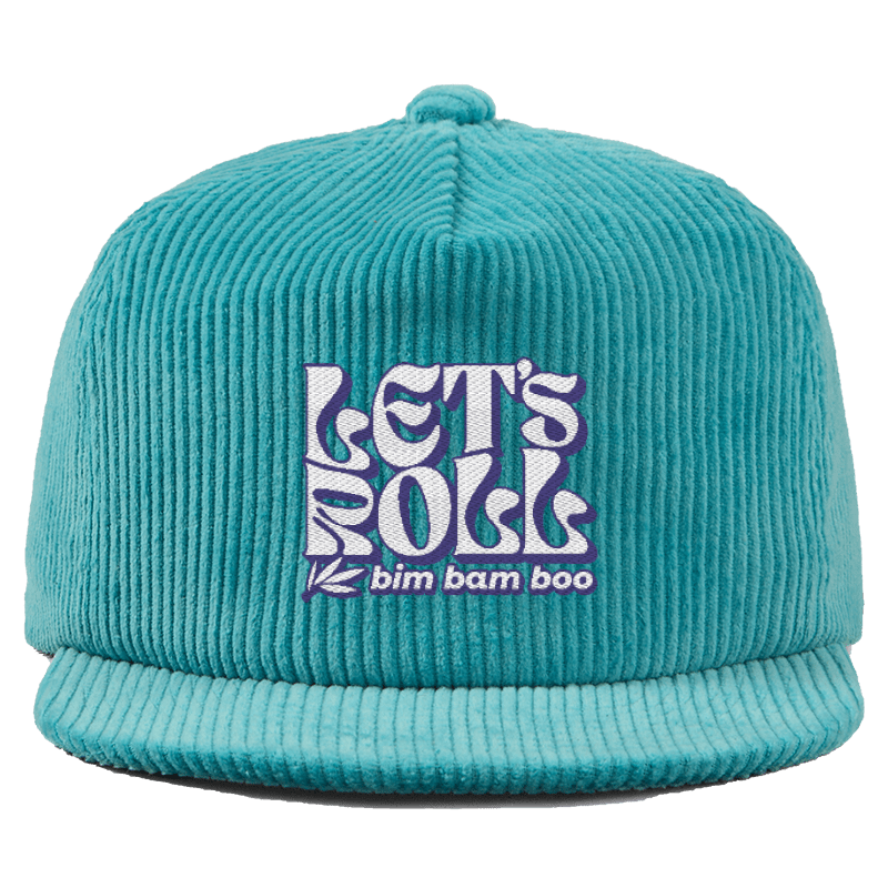 Close up of a teal corduroy baseball hat with the words "Let's Roll" in a wavy font embroidered on it.