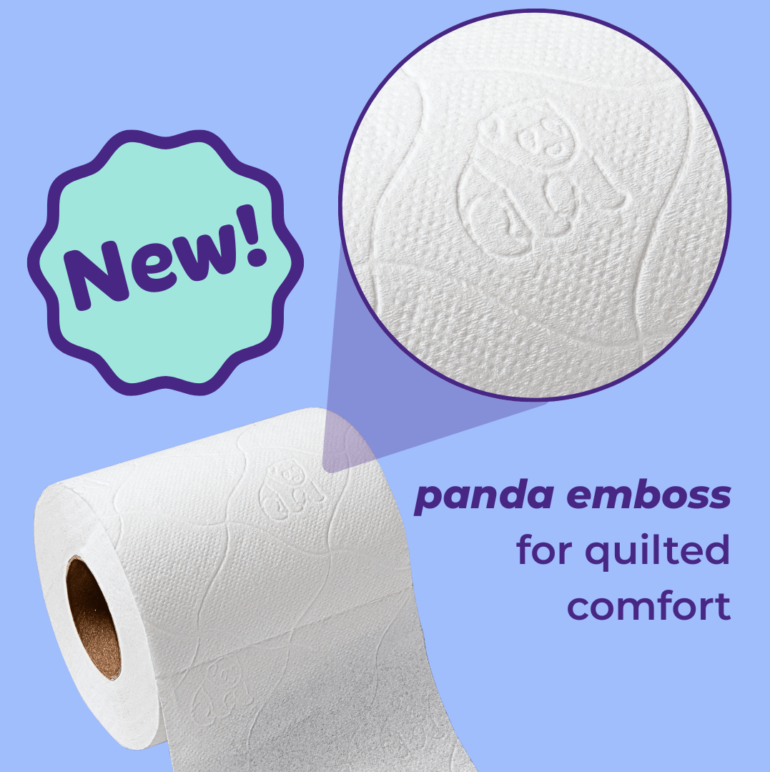 Roll of toilet paper with panda emboss design on a purple background