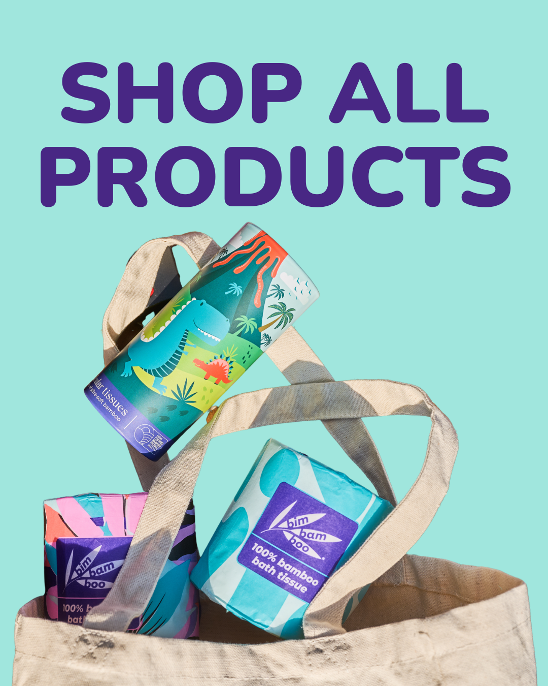 Tubular Tissues and bamboo toilet paper in a bag with 'Shop All Products' text on a teal background