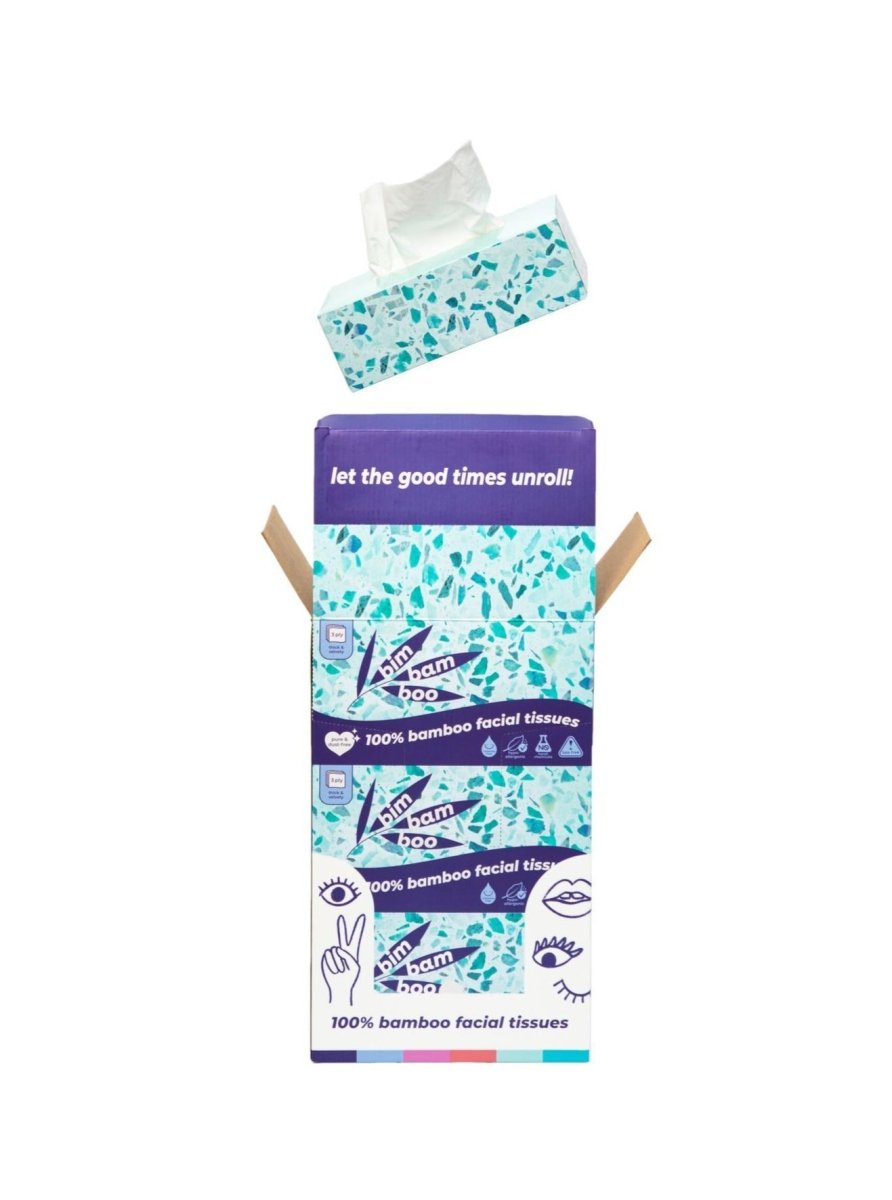 Box of bamboo facial tissues with opened top showing tissue pack design