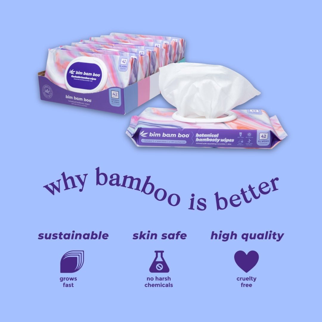 Packaging of bamboo-based wipes with text highlighting benefits like sustainability, skin safety, and high quality.